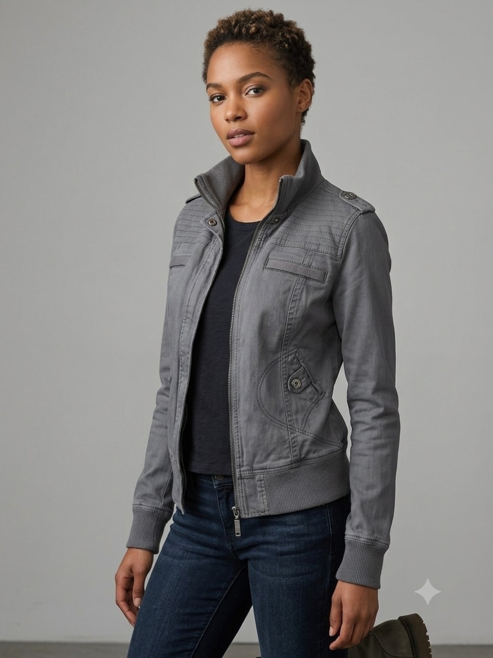 Garage Y2K Gray Utility Zip Cargo Jacket with Ribbed Hem Bella Swan Style L